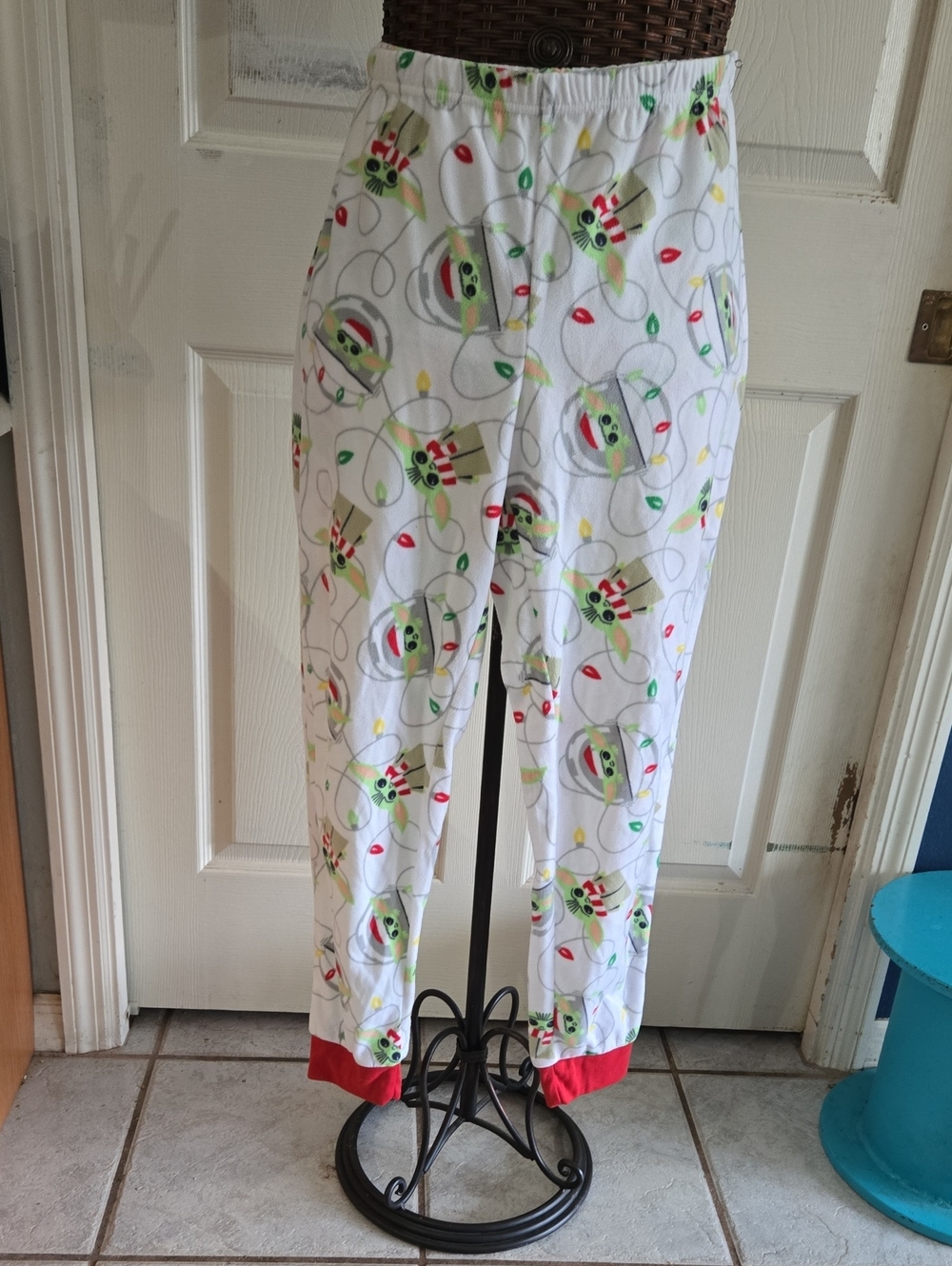 Women's Holiday Yoda Print Lounge Pants - White with Red & Green-Size L